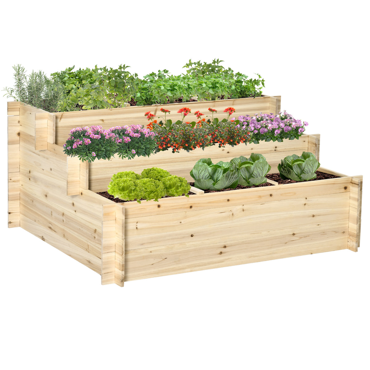 Caixa de Plantio de Madeira de 3 Níveis Horta Vertical em Escada com Malha Geotextil para Cultivos de Plantas Flores para Jardim Terraço Exterior 117x100x54cm Natural — foto 1