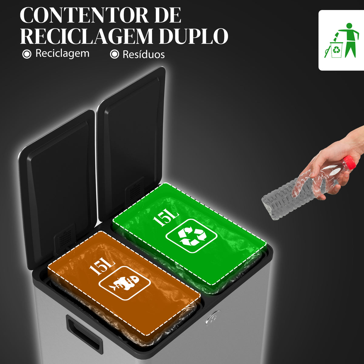 Balde de Lixo de Cozinha com 2 Compartimentos 2x15L Cubo de Lixo de Aço Inoxidável com Pedal Tampa de Fechamento Suave e Cubo Amovível para Escritório Cozinha Prata — foto 4