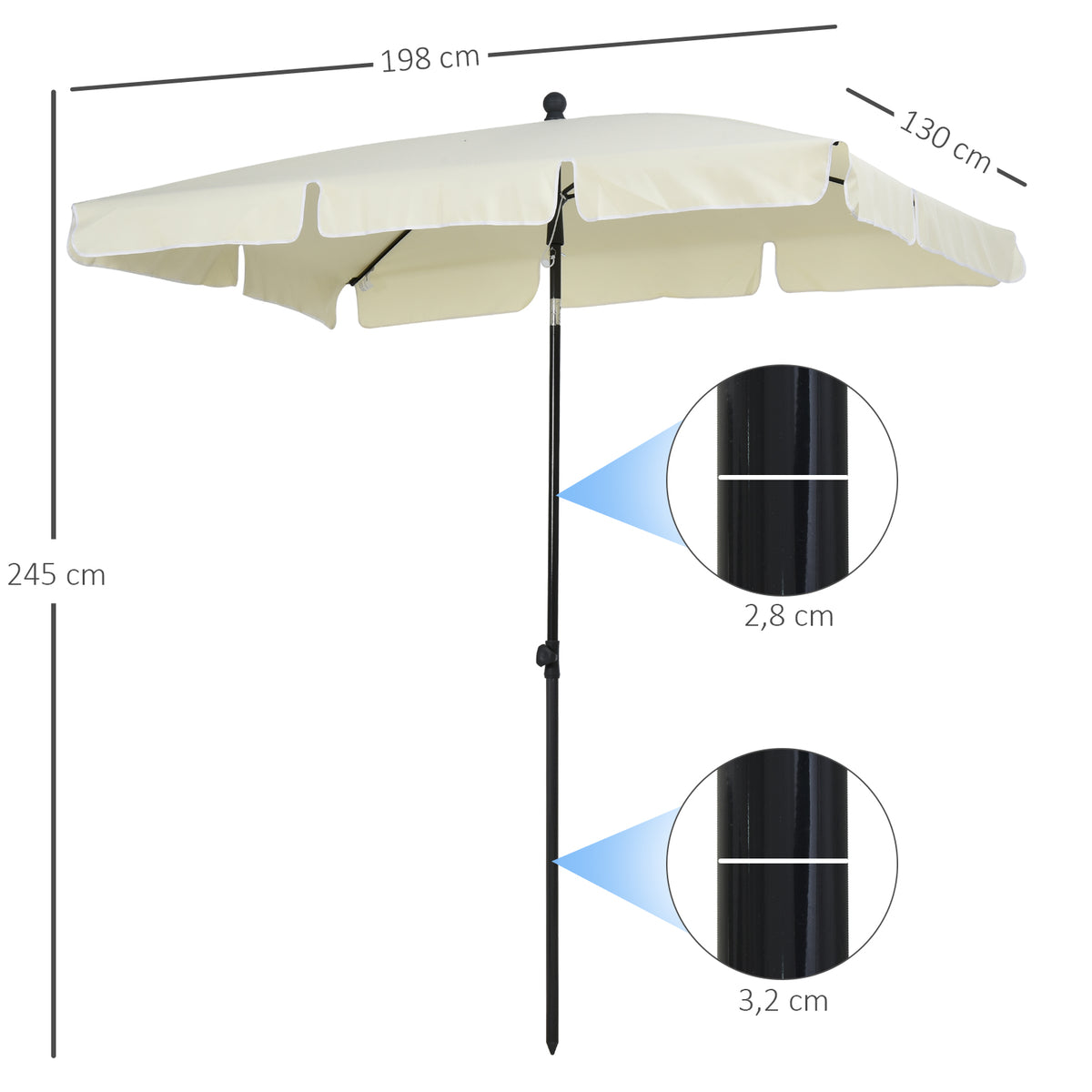 Chapéu de Sol Retangular de Jardim 198x130x240cm Chapéu de Sol de Alumínio com Função de Inclinação para Terraço Pátio Exterior Creme — foto 3