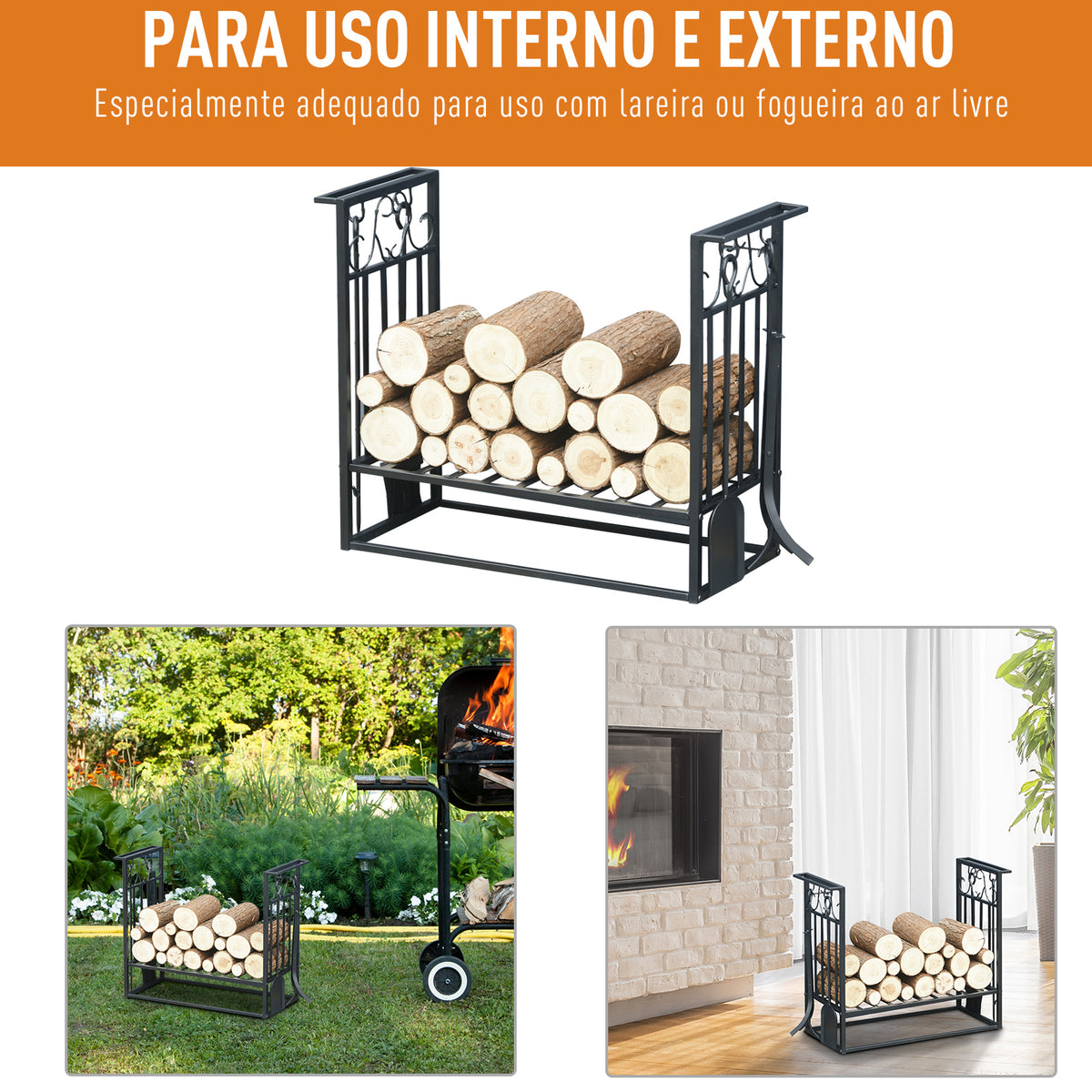 Suporte para Lenhas 75x30x60cm Porta Lenha com Desenho Vintage com 4 Ferramentas Base Elevada Carga Máxima 100kg Aço Preto — foto 4