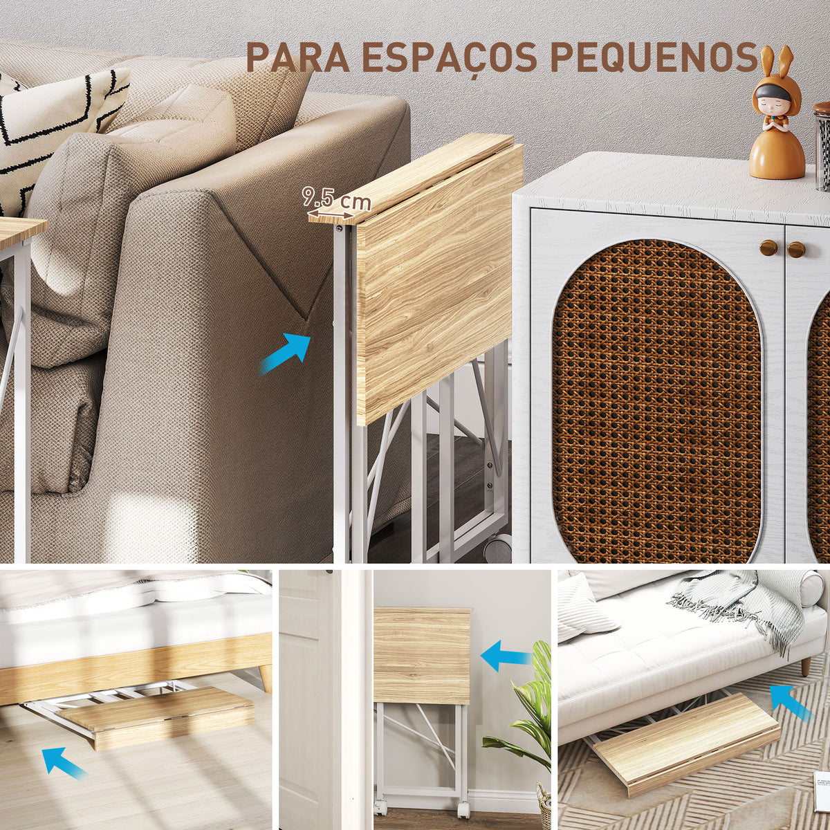 Secretária Dobrável com Rodas Mesa de Secretária Compacta Mesa para Computador Portátil para Casa Escritório Espaços Pequenos 80x40x75 cm Madeira e Branco — foto 4