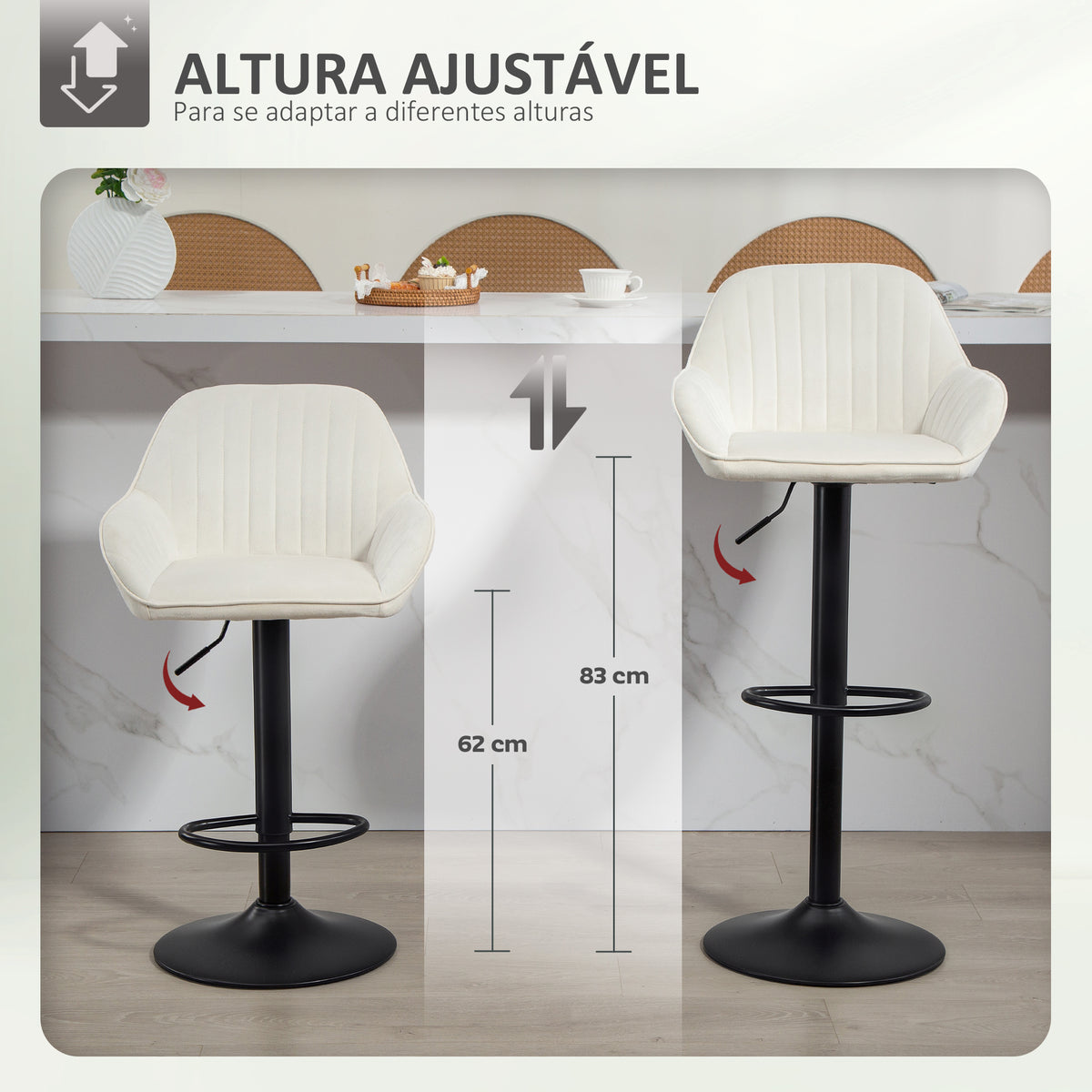 Conjunto de 2 Bancos de Bar Giratórios Bancos Altos de Cozinha com Altura Ajustável 87-107 cm Cadeiras Altas de Cozinha Estofadas em Veludo Encosto e Apoio para Pés Creme — foto 4