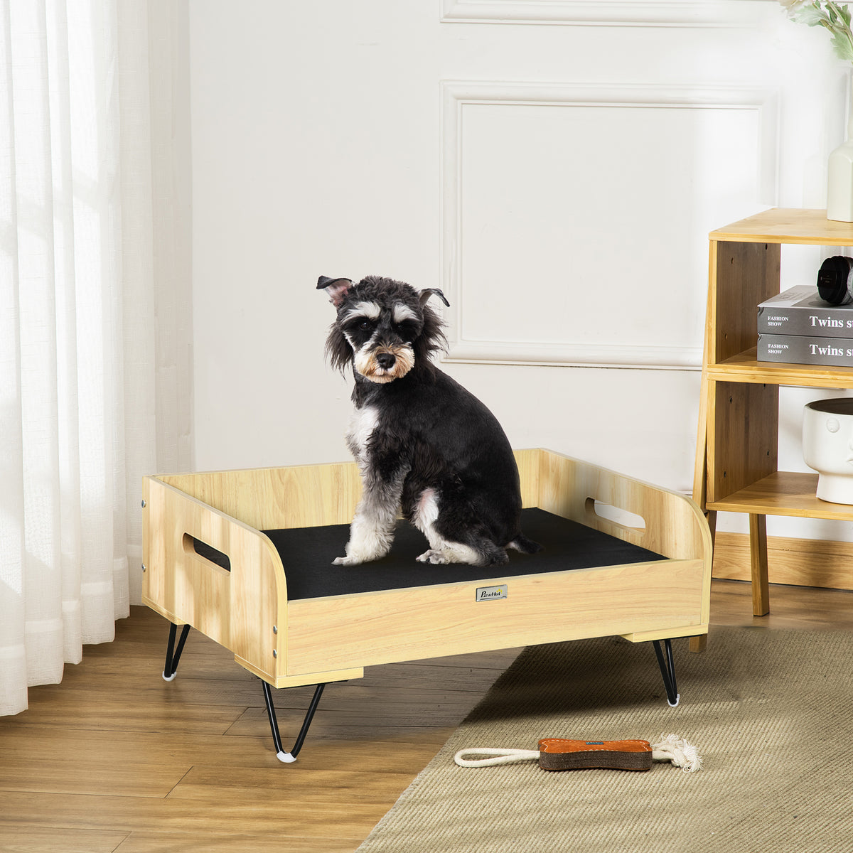 Sofá de Madeira para Cães Gatos Cama para Animais de Estimação Pequenos com Almofada Acolchoada Removível Alças e Pés Elevados de Aço 70x45x32cm Carvalho e Preto — foto 2