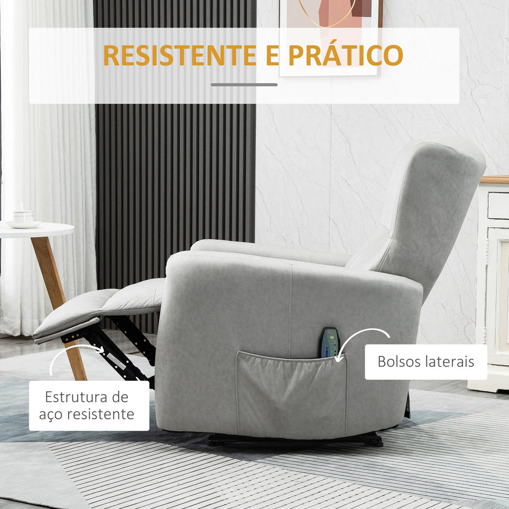 Poltrona de Massagem Relax Estofada em Tecido Técnico com Reclinação Manual 155° 8 Zonas de Massagem Contolo Remoto Apoio para os Pés e 2 Bolsos Laterais 79x101x96cm Cinza Claro — foto 7