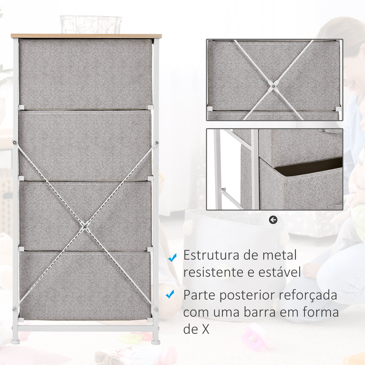 Cómoda com 4 Gavetas de Tecido Móvel de Arrumação Multifuncional para Dormitório Sala de Estar Corredor 45x30x92 cm Cinza e Branco — foto 7