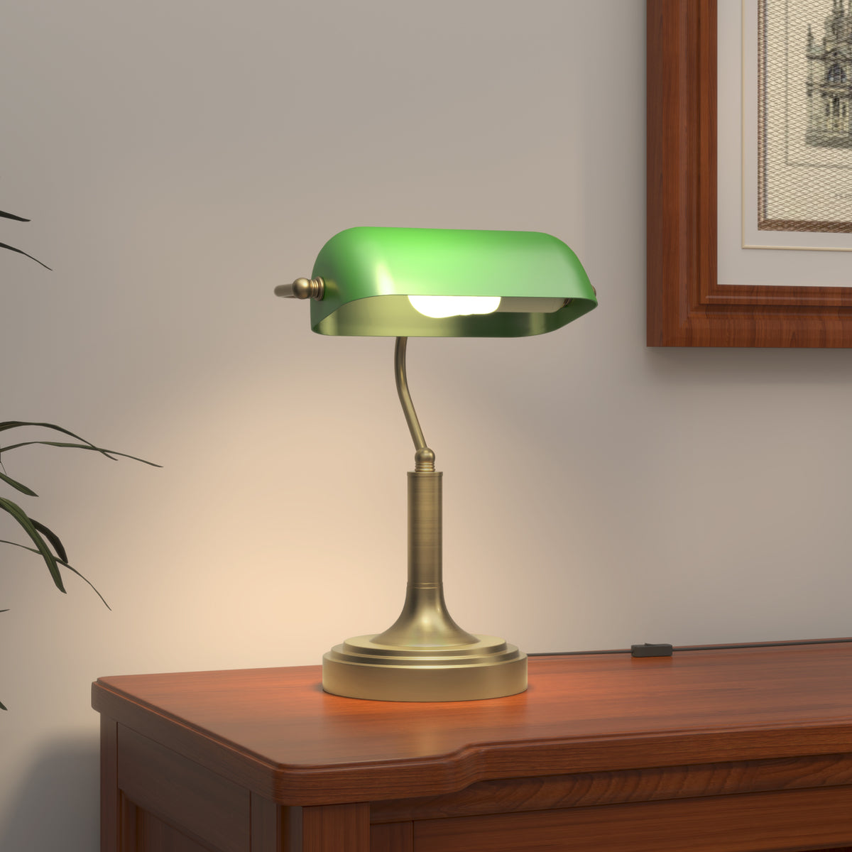 Candeeiro de Mesa Banqueiro Candeeiro de Mesa Vintage E27 com Ecrã Orientável a 45° Interruptor Basculante para Casa Escritório Biblioteca 26,8x22x39,5 cm Verde — foto 2