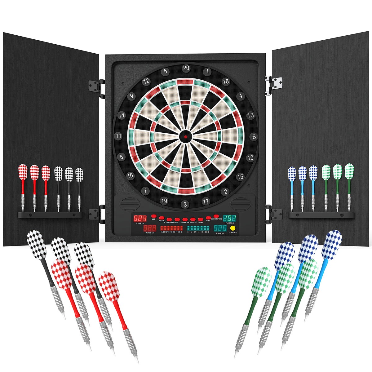 Alvo eletrônico digital para até 8 jogadores com 12 dardos e 30 pontas com portas de tela de LED 27 jogos diferentes 51x6,5x57 cm Preto — foto 1