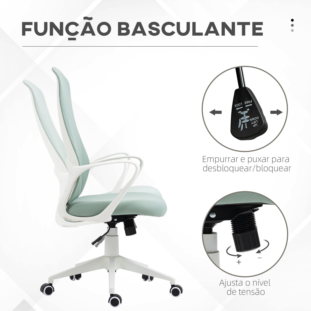Cadeira de Escritório Giratória com Altura Ajustável Cadeira de Escritório Ergonómica com Apoio para os Braços Função de Inclinação e Encosto Alto 62x56x110-119,5 cm Verde — foto 5
