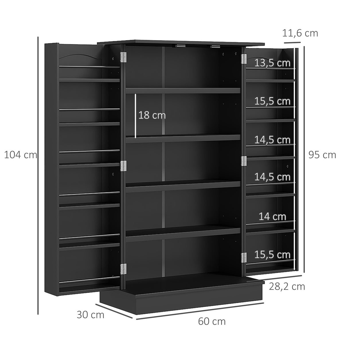 Armário de Cozinha Armário de Cozinha Alto com 2 Portas e 16 Prateleiras Armário de Cozinha Moderno com Prateleiras Ajustáveis para Sala de Jantar Sala 60x30x104 cm Preto — foto 3