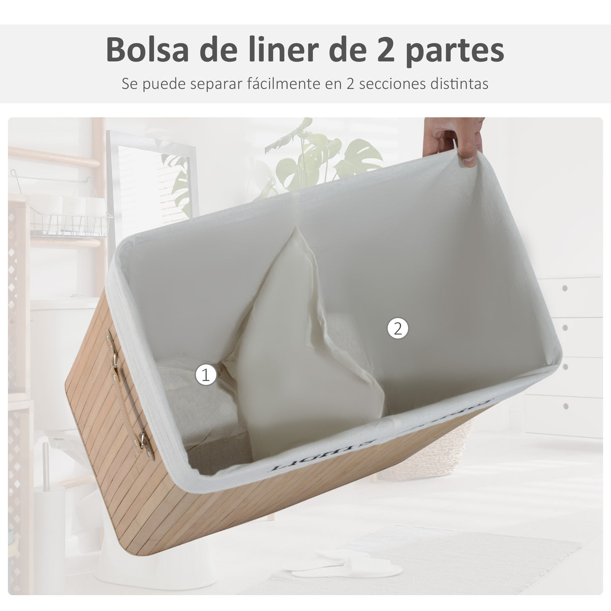 Cesto para Roupa Suja de Bambú Capacidade de 100L Cesta para Roupa Suja Retangular com Tampa Removível Bolsa com 2 Compartimentos 52x32x63cm Bambú — foto 6