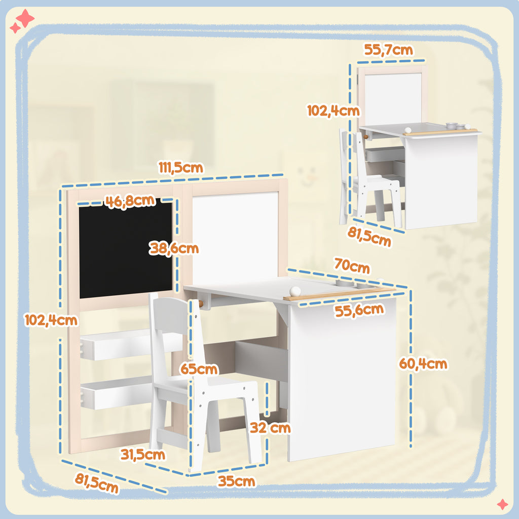 Mesa e Cadeira Infantil de 2 Peças Mesa para Crianças com Cadeira Ardósias Dobrável Mesa para Crianças acima de 3 Anos com Prateleiras Rolo de Papel para Dormitório Sala de Jogos Branco — foto 3