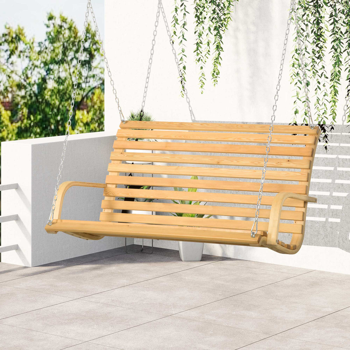 Banco Baloiço de Madeira de 2 Lugares Baloiço Suspenso Carga Máxima 250kg para Jardim Terraço Balcão Exterior 141,5x51x78cm Natural — foto 2