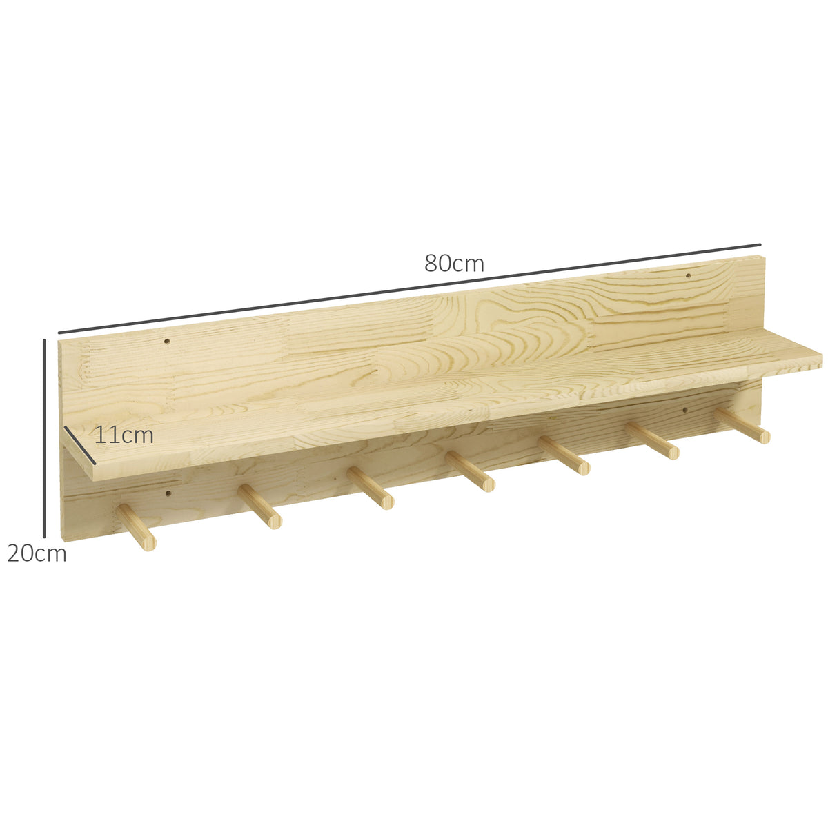 Móvel Cabide de Entrada com 7 Ganchos Prateleira de Armazenamento para Chaves Roupas Bolsas para Entrada Corredor Quarto 80x12x20 cm Natural — foto 3