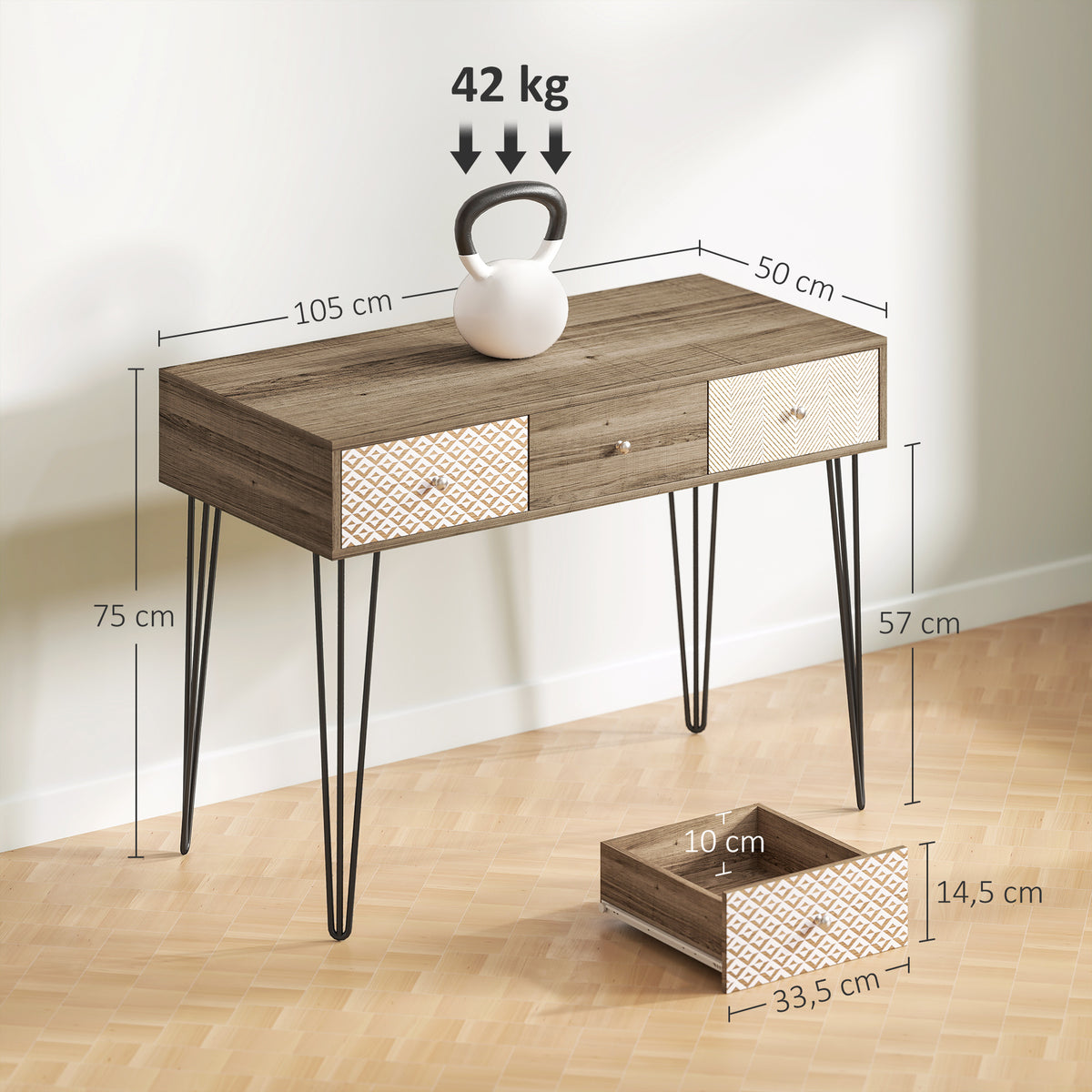 Secretária Estilo Boémio Mesa Secretária com 3 Gavetas e Pés de Ferro para Escritório Dormitório Tocador 105x50x75 cm Madeira — foto 3