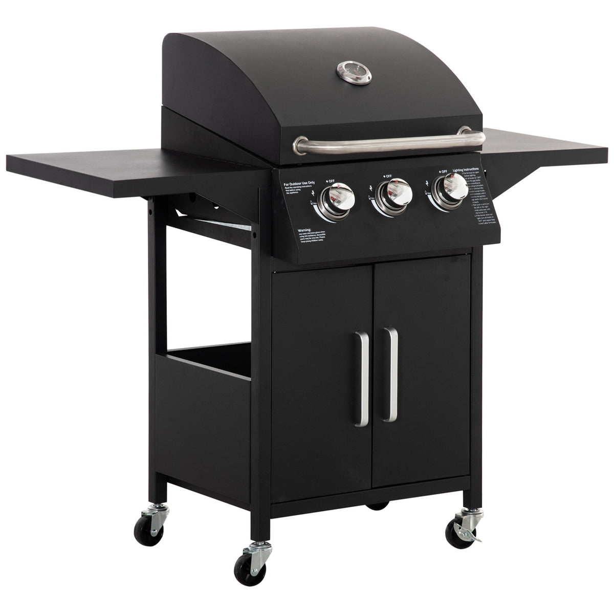 Barbecue a Gás com 3 Queimadores Termómetro Barbecue a Gás com 2 Prateleiras Laterais Armário de 2 Portas 4 Rodas e Travão Aço de Carbono 121x55x109 cm Preto — foto 1