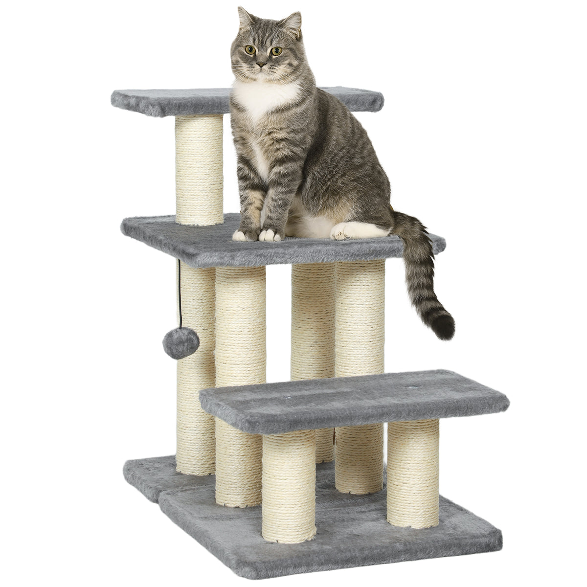 Escada para Gatos de 3 Degraus Escada para Animais de Estimação Estrutura Ajustável com Postes para Arranhar, Bola Pendurada Carga 10 kg para Cama Sofá 52x34,5x54 cm Cinzento — foto 1