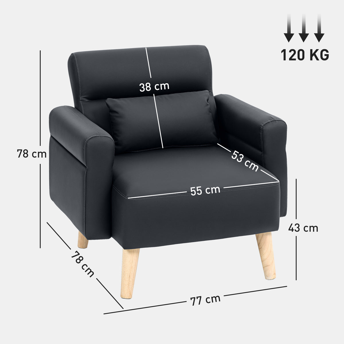 Poltrona Moderna Estofada em Couro Sintético com Apoios de Braço Acolchoados Encosto com Costuras e Pés em Madeira para Dormitório 77x78x78 cm Preto — foto 3