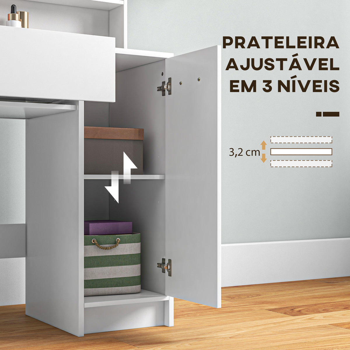 Toucador de Maquilhagem com Banco Mesa de Maquilhagem com Espelho Prateleiras Abertas Gaveta e Prateleira Ajustável Anti-Tombo para Dormitório Branco e Bege — foto 5