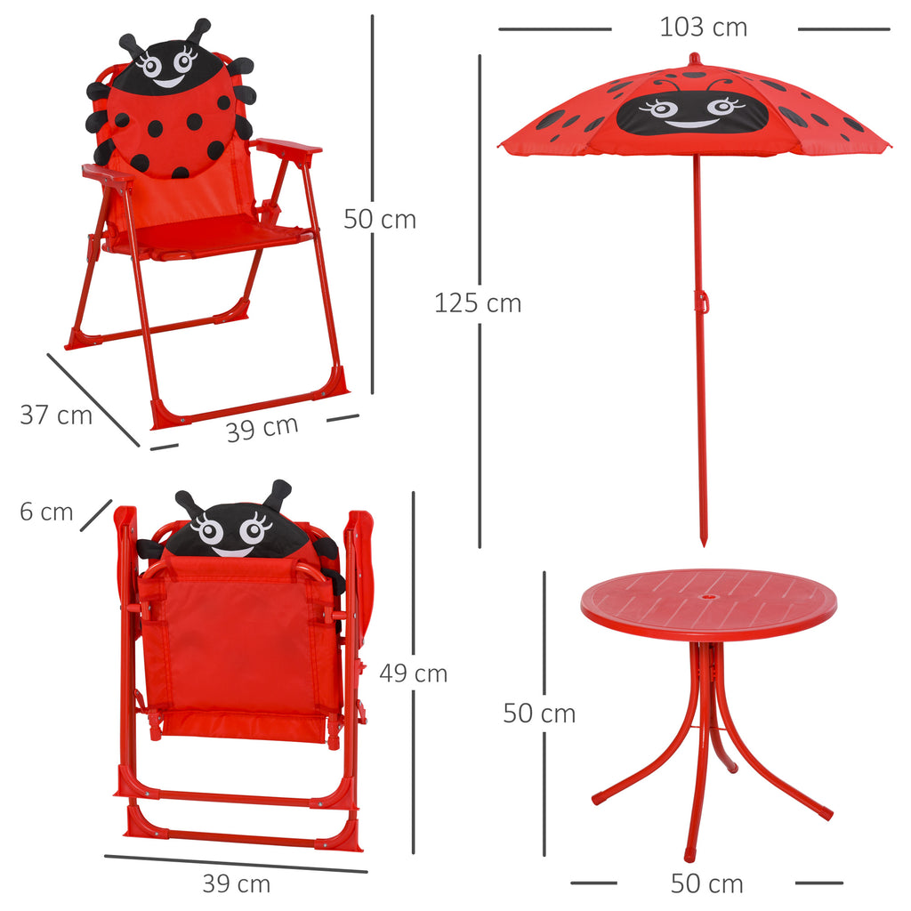 Conjunto de Mesa e Cadeira de Jardim Conjunto de Picnic Dobrável para Crianças Conjunto de Mesa com Chapéu de Sol com Altura Ajustável 100-125cm Desenho de Joaninha Vermelho — foto 3