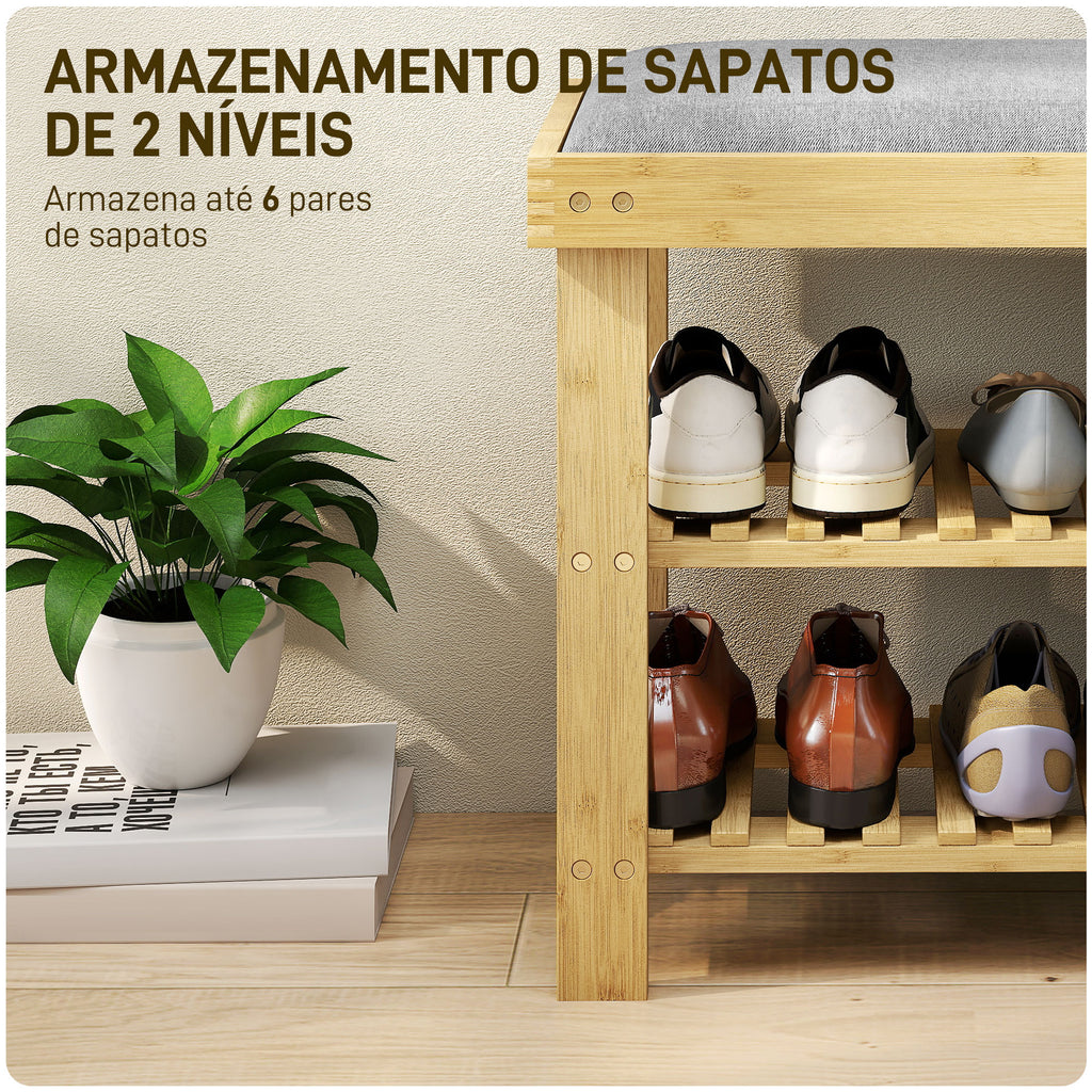 Banco Sapateira de Bambu Sapateira com Assento Almofadado 2 Prateleiras para 6 Pares de Sapatos para Entrada Dormitório 60x29x49 cm Madeira e Cinzento — foto 5