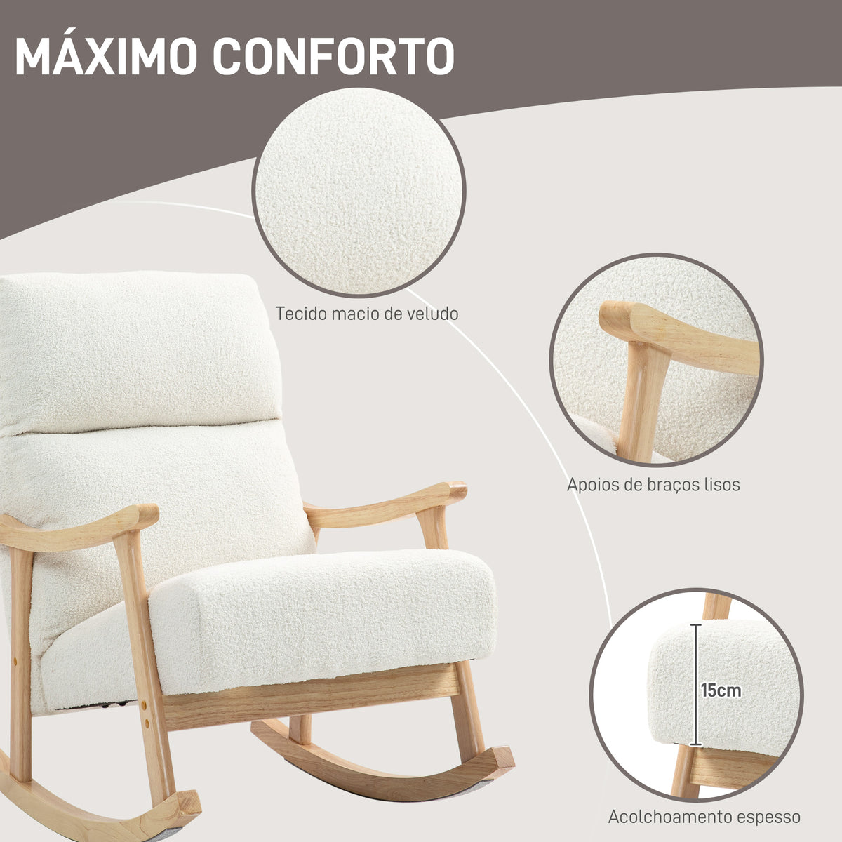 Poltrona Baloiço Moderna Poltrona Baloiço com Pés e Apoio para os Braços de Madeira de Faia Encosto Alto Poltrona de Amamentação Carga 120 kg para Dormitório Sala de Estar 65x90x98 cm Creme — foto 6
