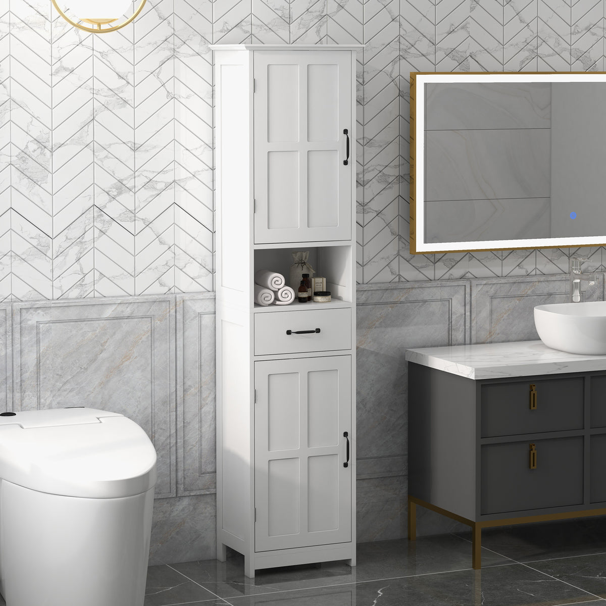 Coluna de Casa de Banho Móvel Auxiliar de Casa de Banho com 2 Portas 1 Gaveta Prateleira Aberta e Prateleiras Ajustáveis 40x30x164 cm Branco — foto 2
