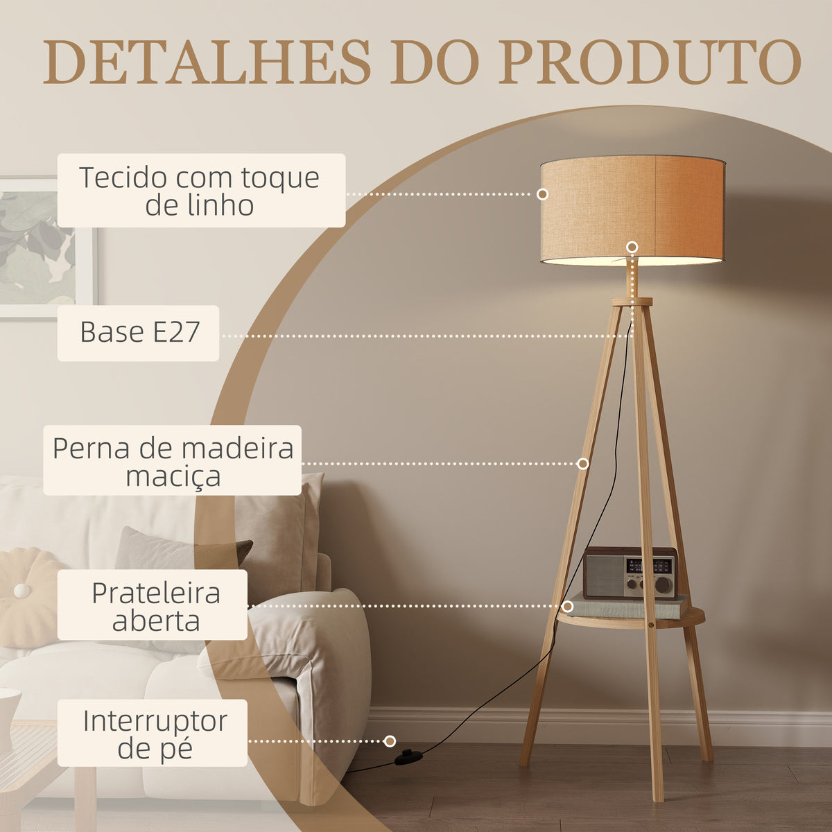 Candeeiro de Pé com Tripé com Estrutura em Madeira e Ecrã Similar ao Linho com Prateleira Incorporada 48x48x153 cm Madeira e Cinzento — foto 4