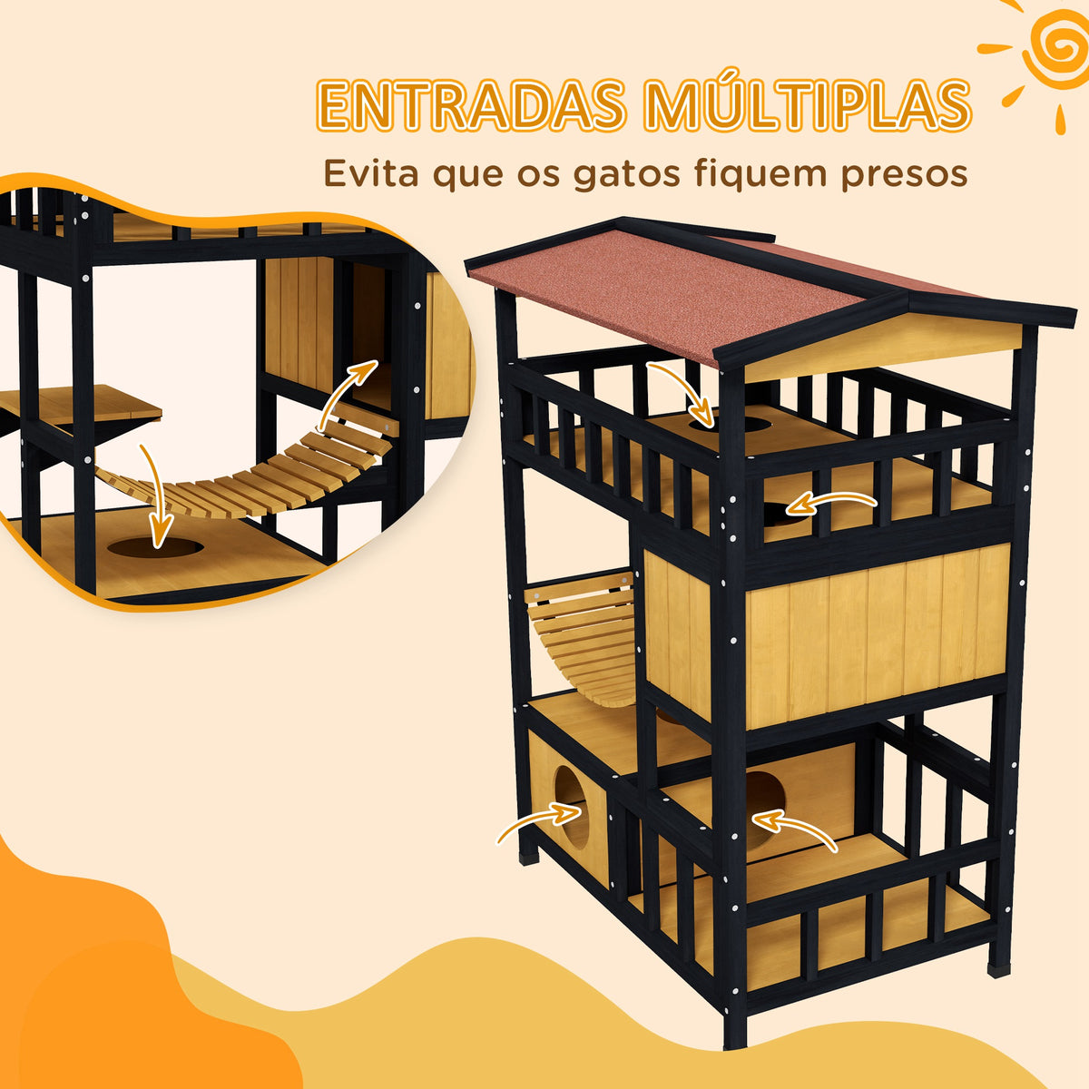 Casa para Gatos de Madeira 84x60x116 cm Abrigo para Gatos de 4 Níveis para Exterior com Ponte Suspensa Varanda e Telhado Asfáltico Natural — foto 6