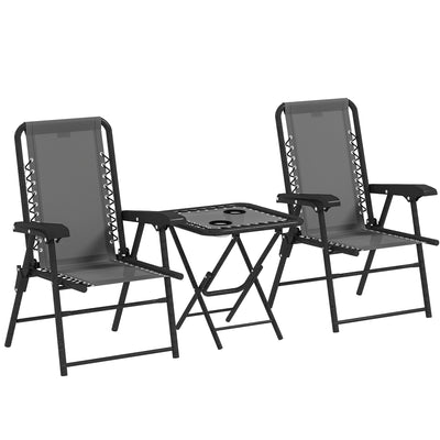 Folding Outdoor Table and Chair Set with Steel Frame and Cup Holders for Patio Dark Grey