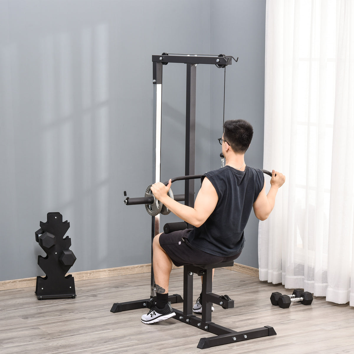Máquina de Musculação Estação de Treinamento com Poleia e Assento Ajustável em Altura para Treinamento em Casa Academia Escritório Carga Máxima 100kg 107x120x190cm Preto — foto 2