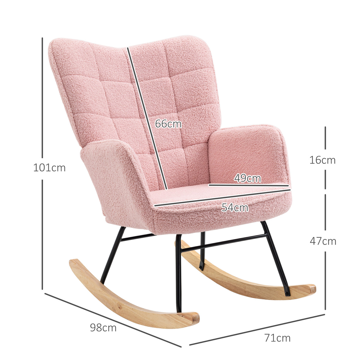 Poltrona Baloiço em Borrego Poltrona de Sala de Estar Oscilação de 40° com Pés de Madeira de Faia e Estrutura de Aço para Dormitório Carga Máxima 120 kg 71x98x101 cm Rosa — foto 3
