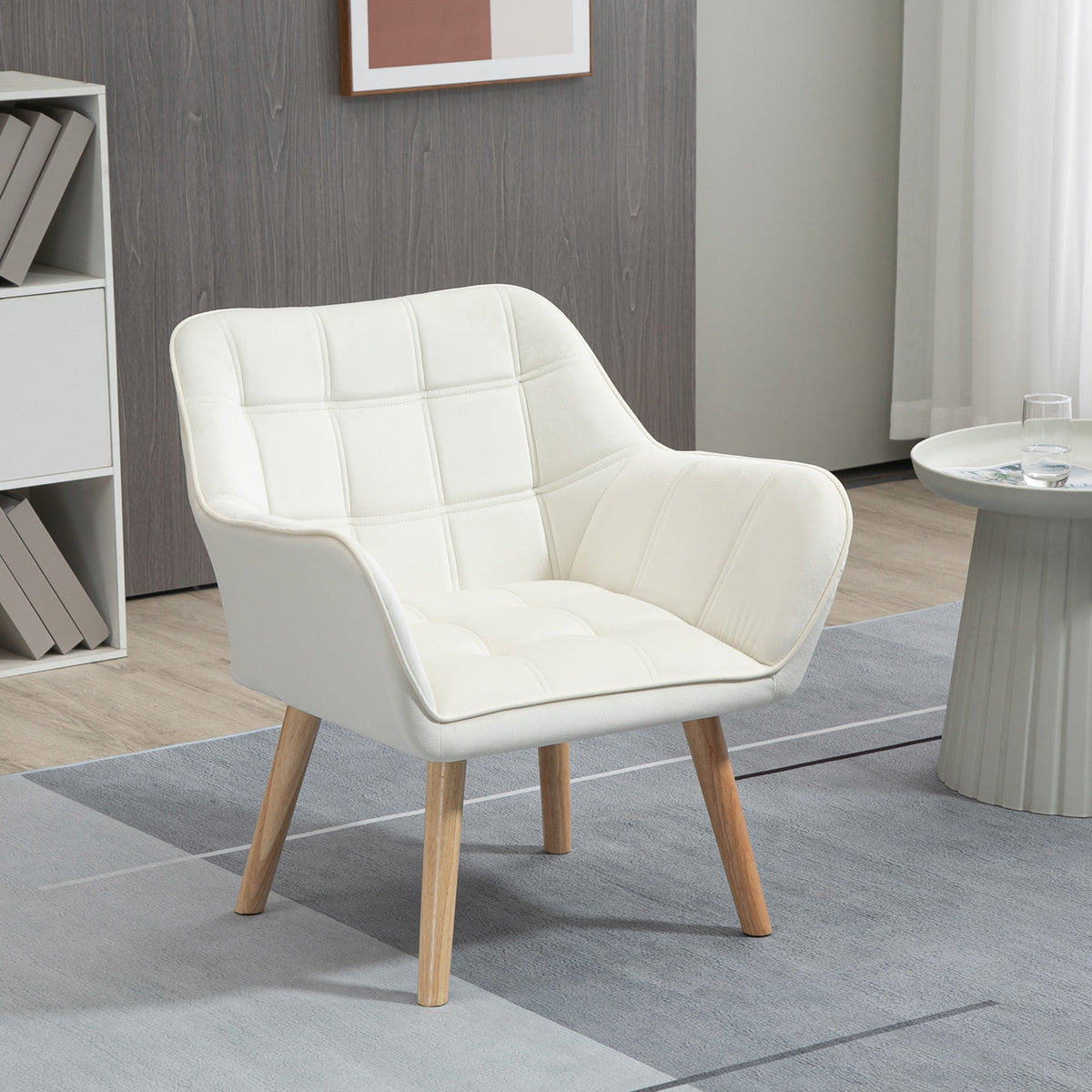 Poltrona Moderna Poltrona de Leitura Estofada em Veludo com Assento Amplo Pés em Madeira Poltrona Relax para Sala de Estar Quarto 67x61,5x71 cm Creme — foto 2