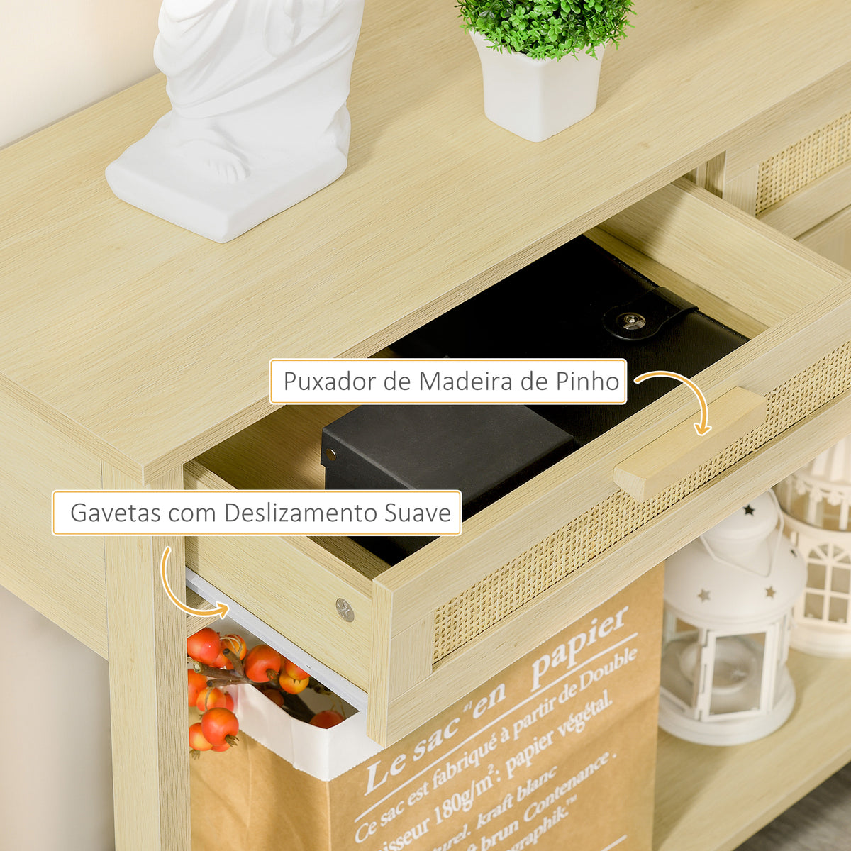Mesa de console em malha Mesa de entrada com 2 gavetas e prateleira inferior para o corredor Quarto sala de estar Estilo rústico 100x30x76 cm Natural — foto 7