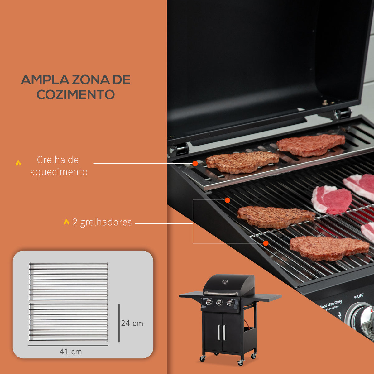 Barbecue a Gás com 3 Queimadores Termómetro Barbecue a Gás com 2 Prateleiras Laterais Armário de 2 Portas 4 Rodas e Travão Aço de Carbono 121x55x109 cm Preto — foto 4