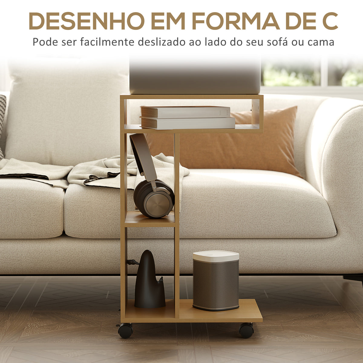 Mesa Auxiliar em Forma de C Mesa Auxiliar para Sofá com Rodas Compartimentos Abertos Mesa Lateral para Sala de Estar Dormitório 40x30x69 cm Madeira — foto 5