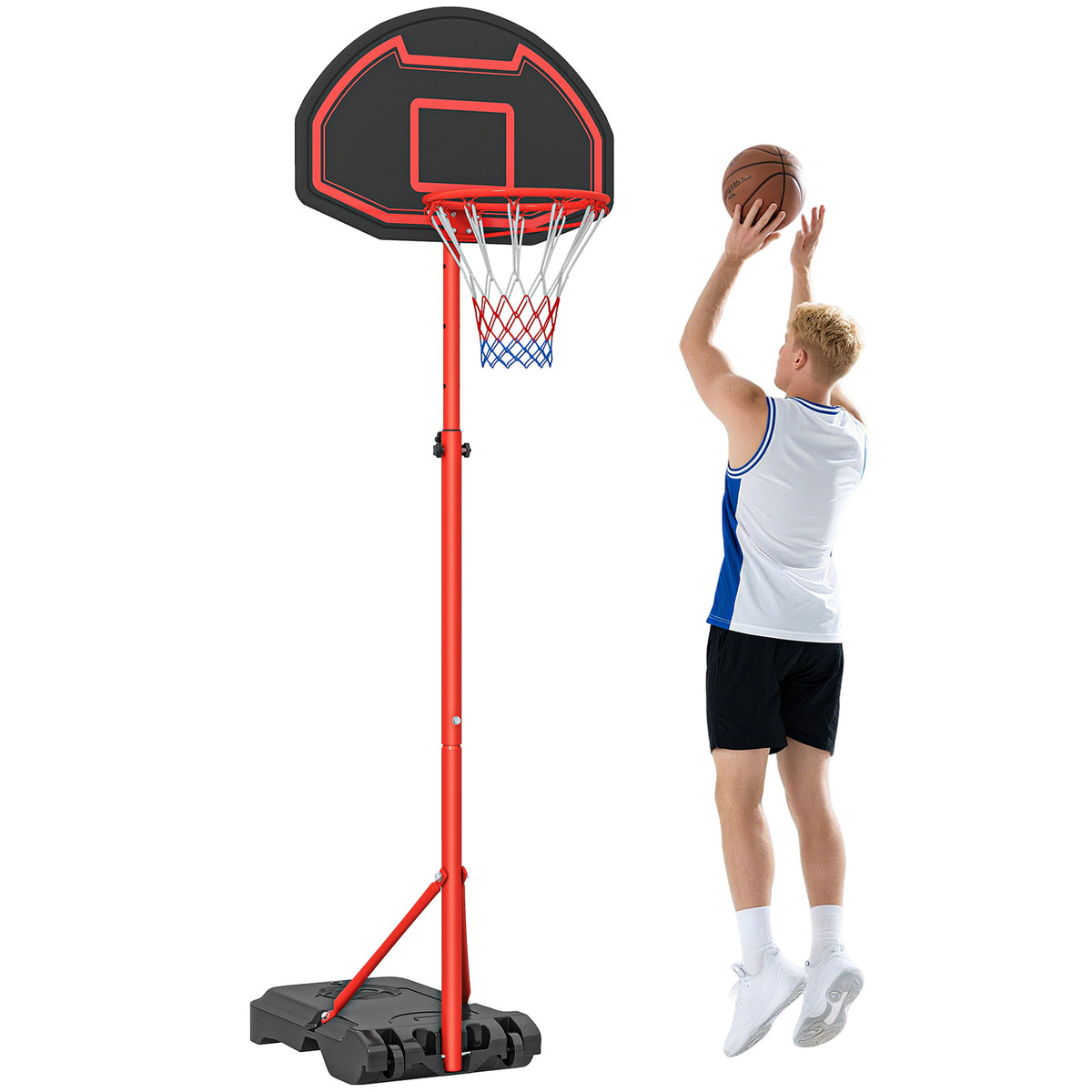 Tabela de Basquetebol com Altura Ajustável 194-249 cm Cesta de Basquetebol com Rodas e Base Recarregável para Adolescentes e Adultos Vermelho e Preto — foto 1