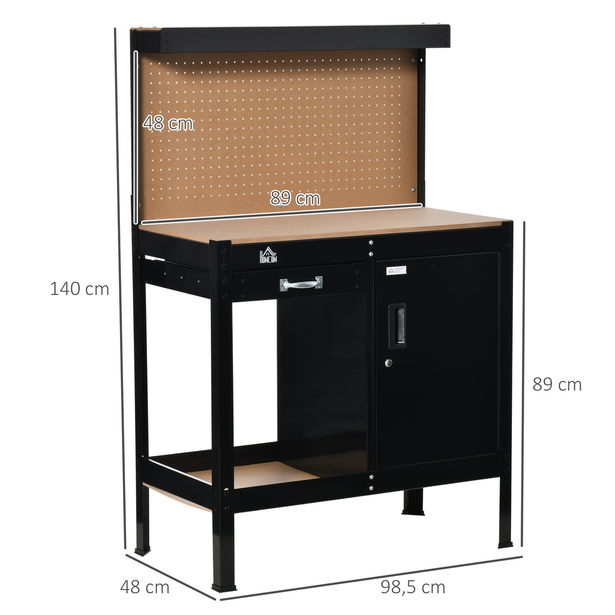 Bancada de Trabalho 98,5x48x140 cm Carga 100 kg Mesa de Trabalho com Painel Perfurado Gaveta Prateleira e Armário com Fechadura Preto — foto 3
