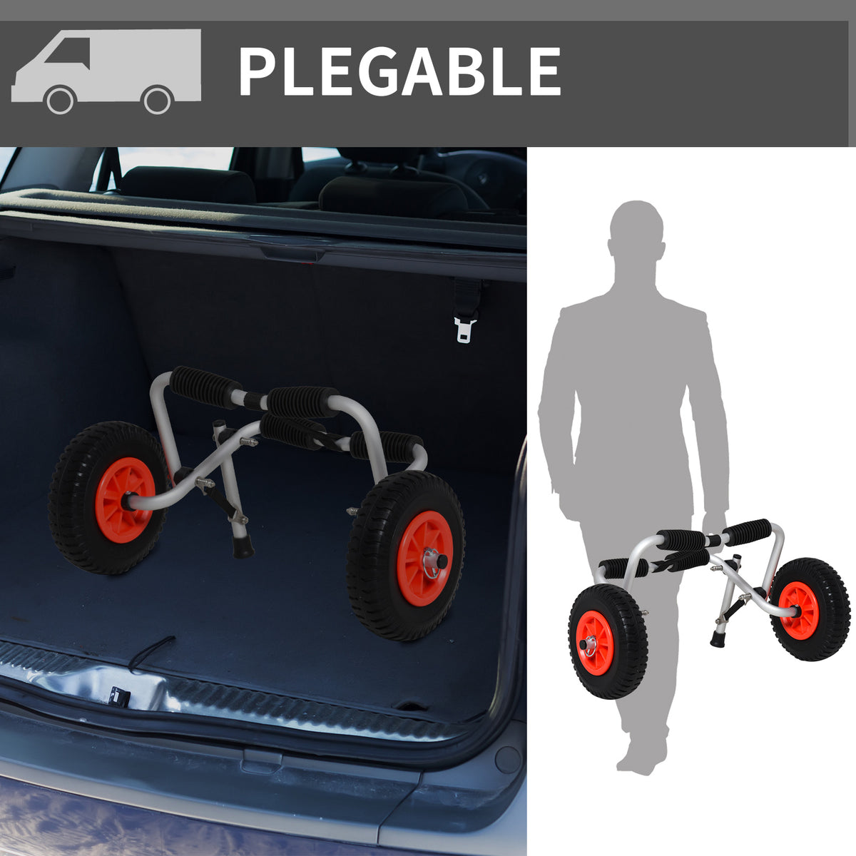Carrinho de transporte dobrável para caiaque carga 75 kg de alumínio ajuste universal com rodas para barco canoa 57,5x33x24 cm prata — foto 4
