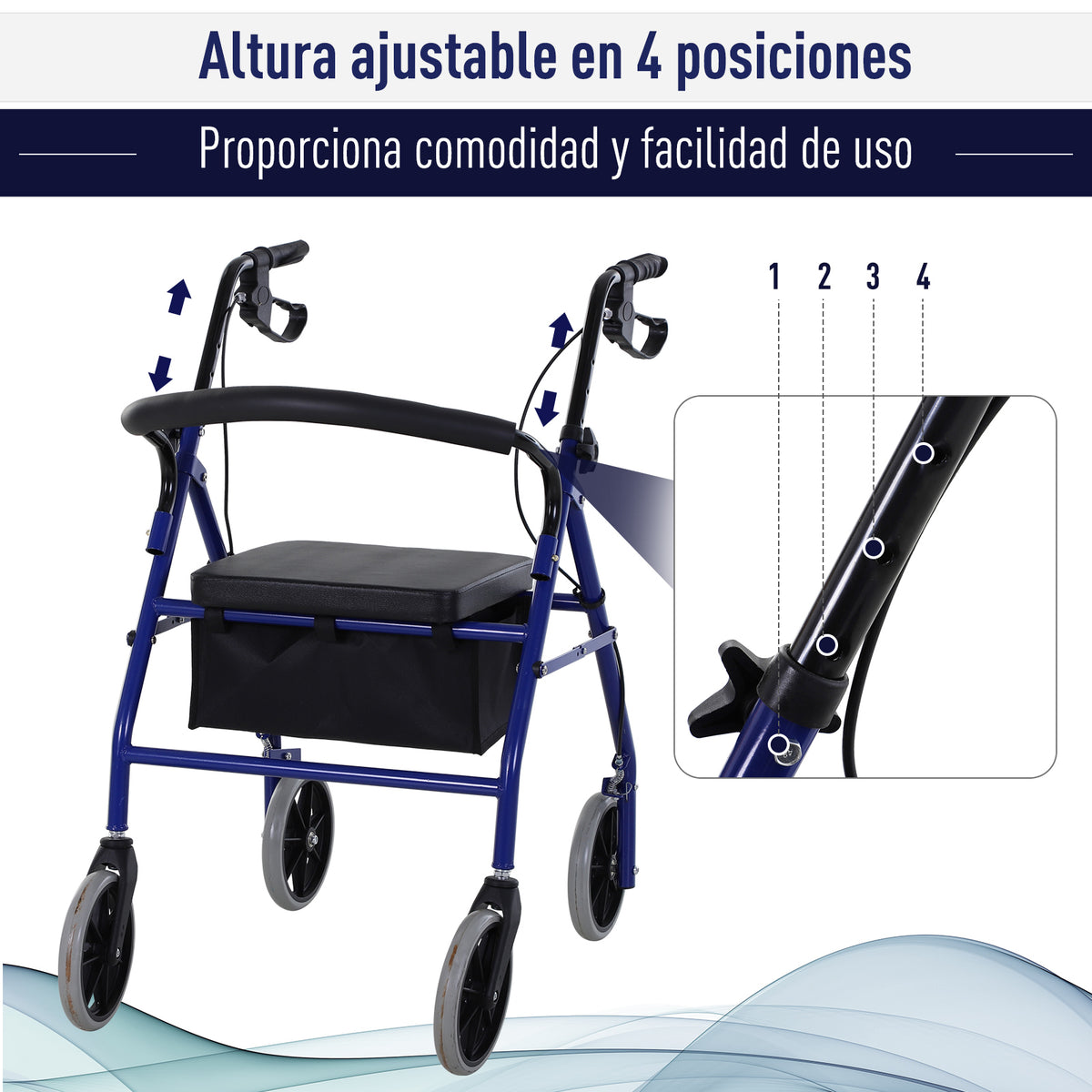 Andador para Adultos Dobrável com Armazenamento Assento e Travão 65x53x79-89cm Azul e Preto — foto 4