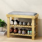 Banco Sapateira de Bambu Sapateira com Assento Almofadado 2 Prateleiras para 6 Pares de Sapatos para Entrada Dormitório 60x29x49 cm Madeira e Cinzento — foto 7