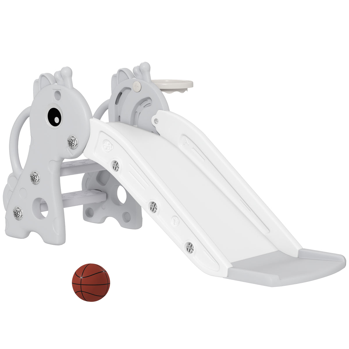 Escorrega Infantil 3 em 1 Escorrega para Crianças de 1 a 3 Anos com Escada Tabela de Basquetebol e Desenho de Girafa para Interior 106x51,5x52 cm Cinzento — foto 1