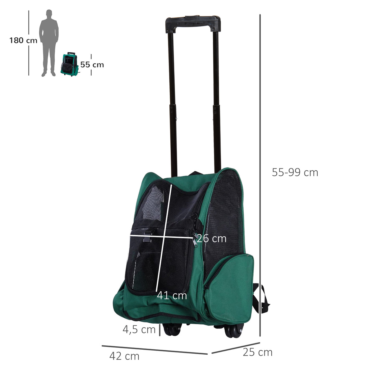 Transportadora 2 em 1 para Animais de Estimação Mochila ou Carrinho de Viagem para Cães e Gatos com 2 Rodas Alça Retrátil de Alumínio e Bolso de Armazenamento 42x25x55cm Verde — foto 3