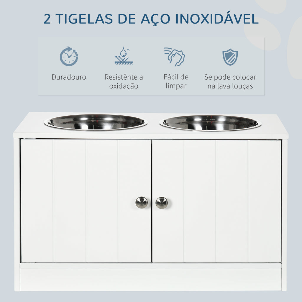 Comedouro Elevado para Cães Grandes com 2 Tigelas de 2000ml de Aço Inoxidável Comedouro para Cães com 2 Portas e Armazenamento Oculto 60x30x35,5cm Branco — foto 4