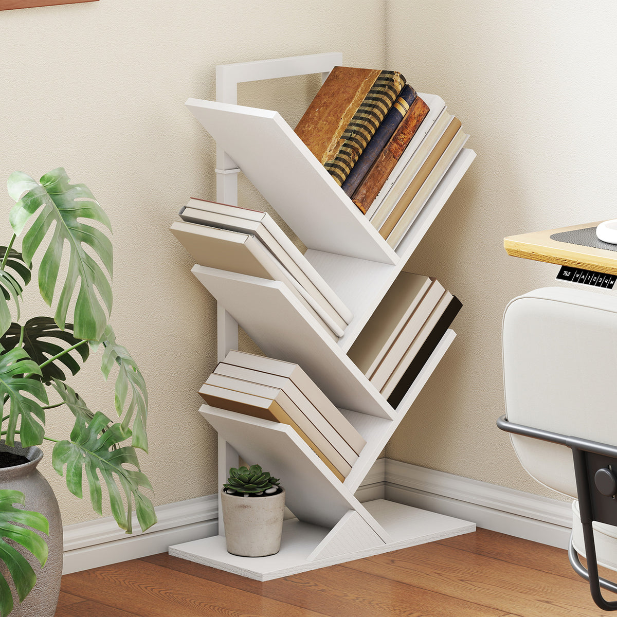 Estante em Forma de Árvore de 5 Níveis Estante de Livros com 5 Prateleiras e Estrutura de Aço para Sala de Estar Escritório Estúdio Quarto 50x24x82 cm Branco — foto 2