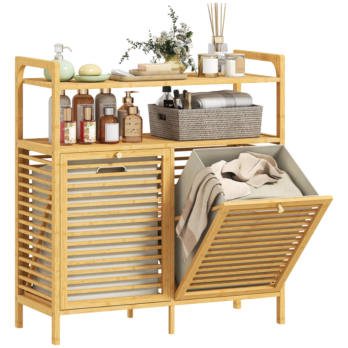 Móvel de Casa de Banho com Cesto para Roupa Suja Móvel para Roupa Suja em Bambu 2 Sacos de Roupa Extraíveis e Laváveis com Alça 2 Prateleiras Abertas para Lavandaria 82x33x88 cm Madeira — foto 1