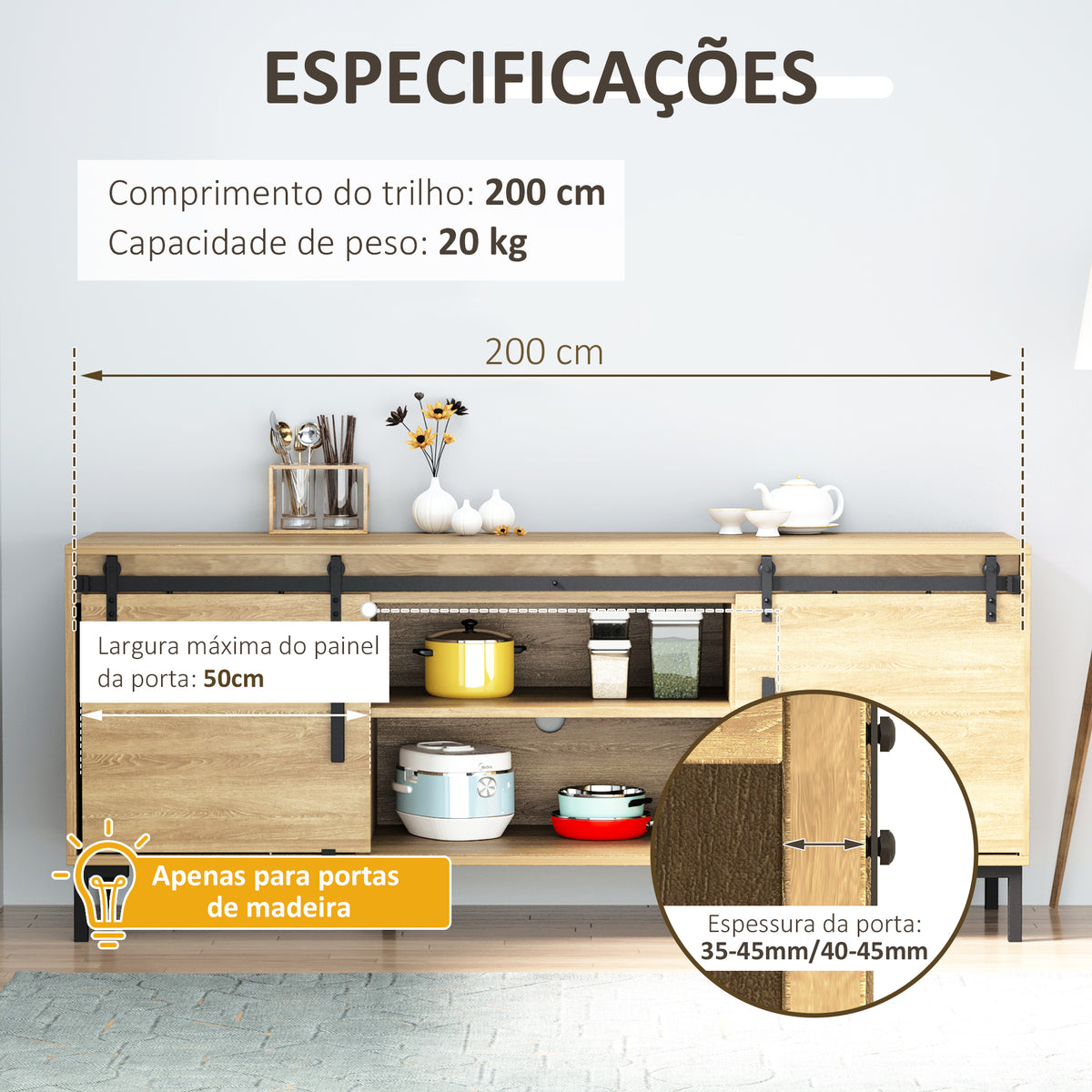Ferragens Portas de Correr 200 cm Kit para Porta de Correr Dupla Largura 50 cm Aço Carbono Preto — foto 4