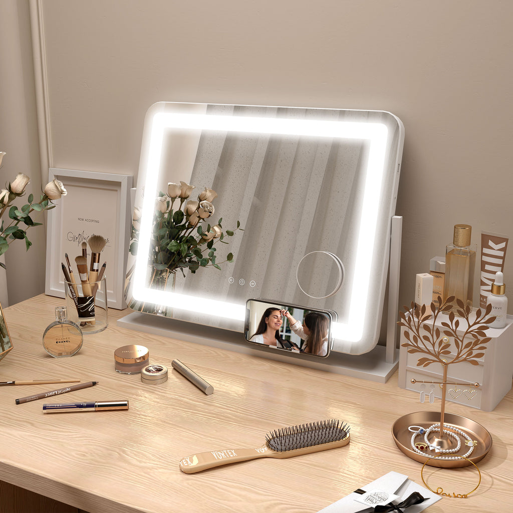 Espelho de Maquilhagem com Luzes Espelho de Toucador Giratório 58x46 cm com 3 Modos de Iluminação Interruptor Tátil Espelho de Maquilhagem com Suporte para Telemóvel e Entrada USB Branco — foto 2