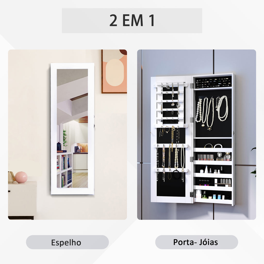 Espelho com Móvel de Bijuterias de Parede Espelho de Parede Organizador de Jóias com Ganchos e Ranhuras para Dormitórios 37x9,5x112cm Branco — foto 6