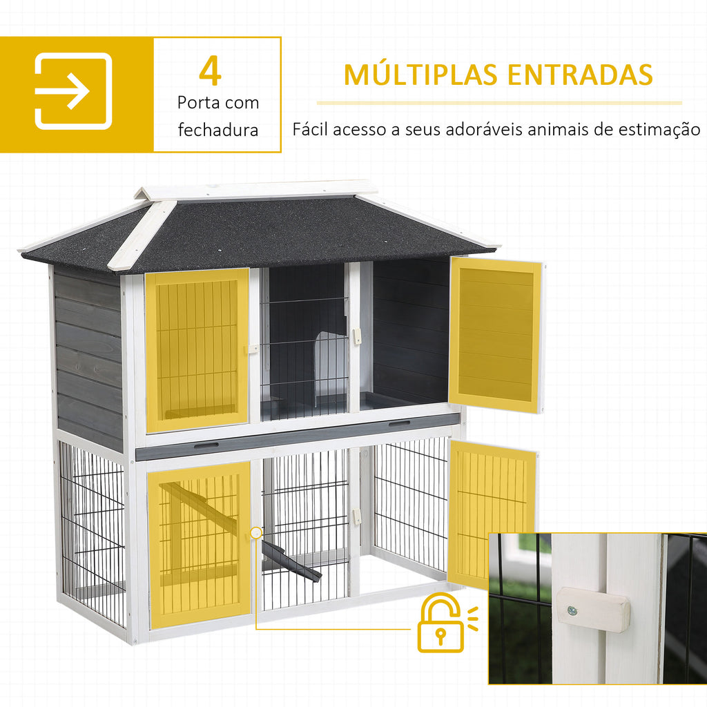 Coelheira de Madeira Exterior Gaiola Elevada para 2 Coelhos com Teto Asfáltico Cerca de Metal Bandeja Removível Múltiplas Portas e Rampa 117x62,5x115cm Cinza — foto 5