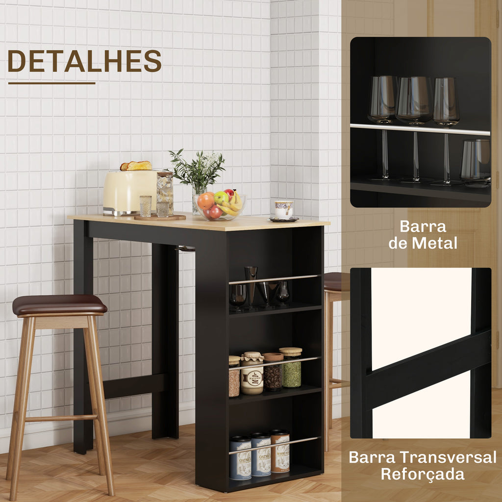 Mesa de Bar de Bistrô com 3 Prateleiras com Suporte Estilo Moderno para Cozinha Sala de Jantar Sala de Estar Estrutura de Melamina 112x57x106 cm Preto e Madeira — foto 5
